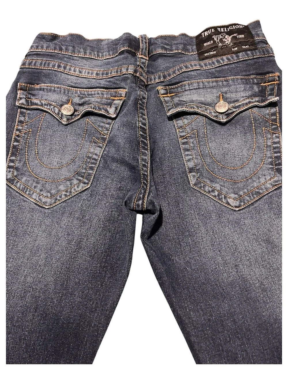 True Religion men’s Straight Leg Jeans in Dark Blue with Faded Detail
